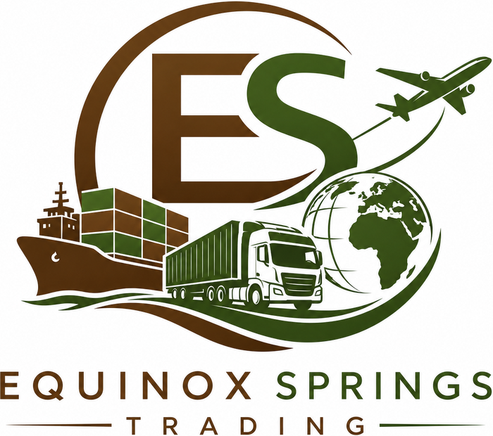 Equinox Springs Trading emblem — cargo ship, freight truck, aeroplane and globe